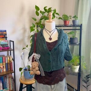 Y2K Xhilaration Green Knit‎ Cardigan Fairy Shawl Size Large Cropped Cottagecore